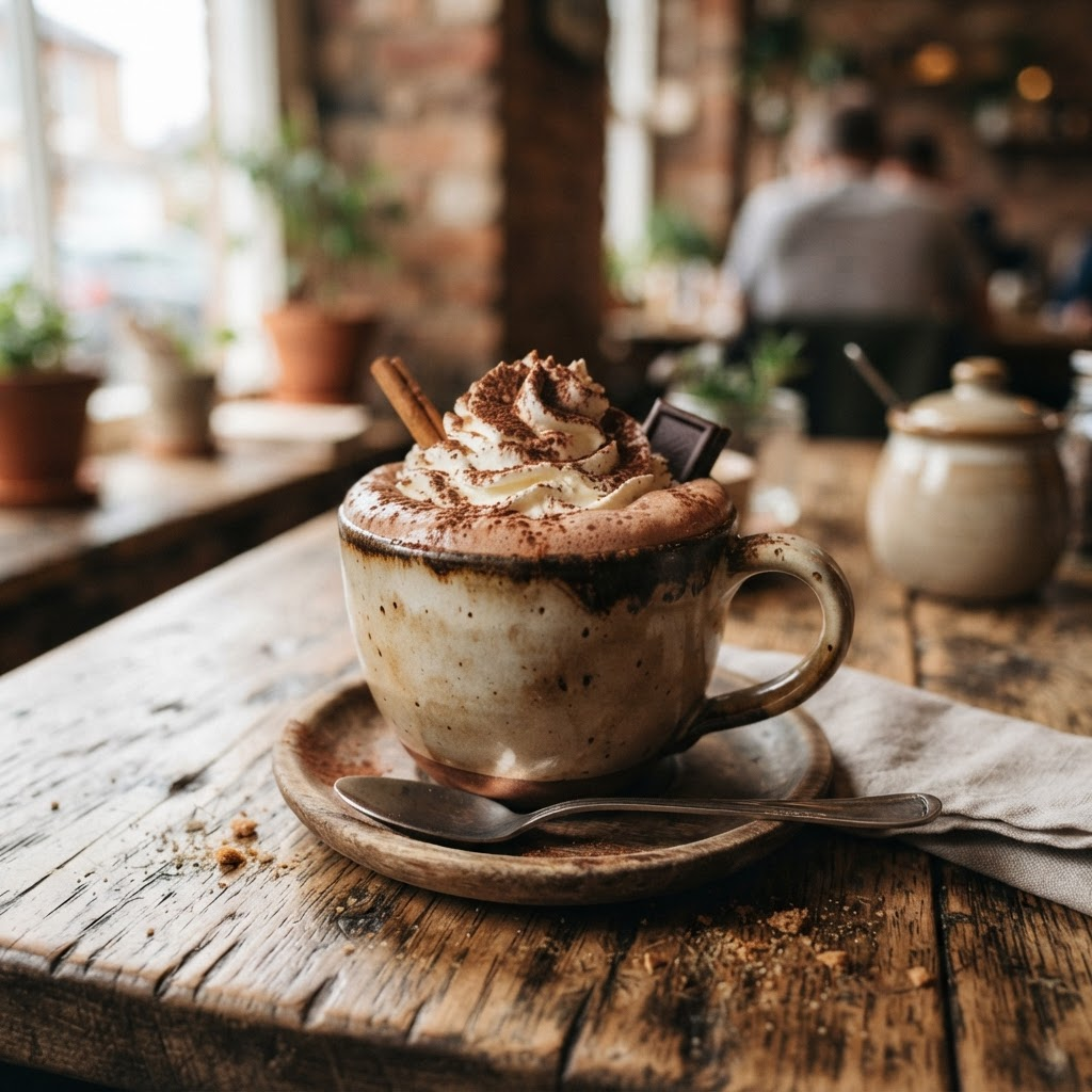 A dark mocha topped with whipped cream